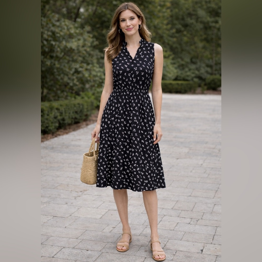 NWT Anne Klein Black and blush tan Floral Midi Dress V neckline Sz 4 ~ $119